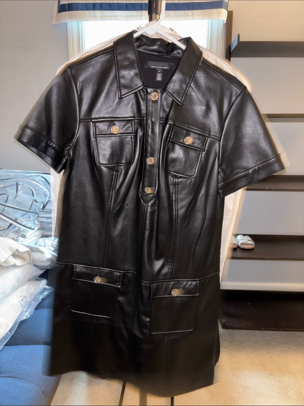 White House Black Market Black Faux Leather Mini Dress with Gold Buttons